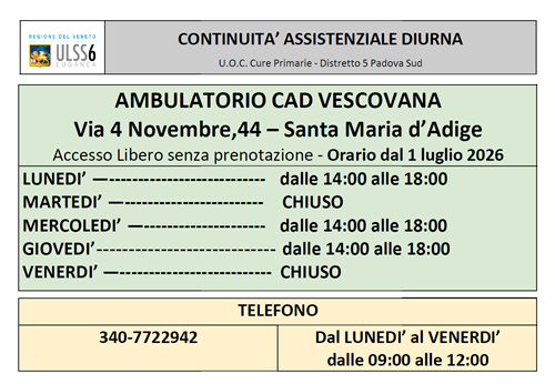 Nuovi orari di apertura dell'Ambulatorio di continuità assistenziale diurna a partire dal 1° luglio 2026