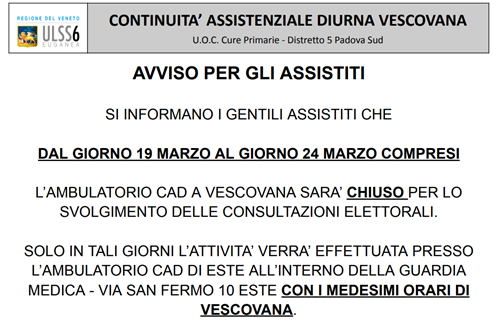 Sospensione temporanea del Servizio di Continuità Assistenziale - Ambulatorio di Santa Maria dAdige (Vescovana)