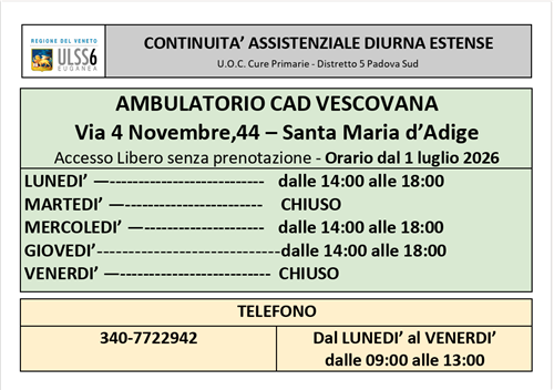 Nuovi orari di apertura dell'Ambulatorio di continuità assistenziale diurna a partire dal 1° luglio 2026