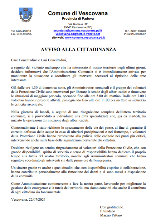Avviso alla cittadinanza